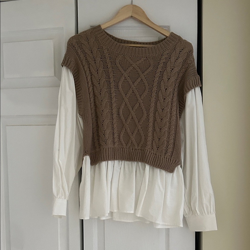 Blu Pepper Taupe Cable Knit Sweater Vest with White Blouse